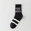 Men's cotton crew sock in black with white 'WORK SAVE INVEST' slogan and striped pattern - WORK Inspirational Letter