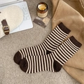 Cozy brown and beige striped wool crew socks with a stylish ribbed cuff design - One Size / 1 Pair Fine Stripes