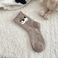 Deep brown knitted crew socks with cute cartoon puppy embroidery on warm plush background - One Size / Brown