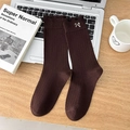 Dark brown ribbed mid-calf cotton socks with delicate white bow embroidery detail - Coffee (1 Pair)