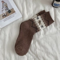 Calze spesse in lana marrone scuro Fair Isle con motivo jacquard R vintage per donna - Taglia unica / Motivo Lettera R Retrò / Marrone