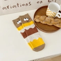 Witzige braune Crew-Socken mit 3D-Plüschaugen und Wellenmuster für Damen - Einheitsgröße / Wellenmuster (A815)