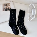 Black mid-calf socks with white polka dots, featuring lettuce trim and bow detail - One Size / Black Polka Dot (1 Pair)