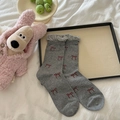 Calze grigie in cotone con motivi a fiocco rosso e bordi a balze per donna - Grigio con Fiocco
