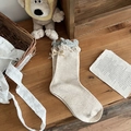 Beige two-piece style cotton mid-calf socks with frilly cuffs and velvet bow accent - Khaki