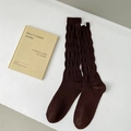 Solid dark brown ribbed calf socks with vintage style white tag and textured fabric - One Size / Brown