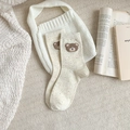 Beige flecked knit socks featuring a brown flocked bear pattern and bow detail - Bear Style (YM1145)