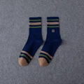 Men's dark blue ribbed crew socks with green stripes and gold embroidered logo - Long Style / Navy Blue