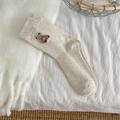 Cute off-white mid-calf socks with colorful specks and brown plush bear embroidery - One Size / Bear