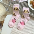Pink coral fleece socks featuring a cute cartoon dog pattern for winter warmth - Pink Pug Style