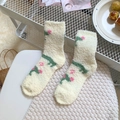 Thick warm coral fleece mid-calf socks in cream white with cactus floral pattern - Warm Cream White Dachshund Style