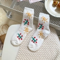 Fluffy coral fleece thermal socks in white with sun and flower embroidery detail - White Little Sun Style