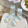 Thick coral fleece socks in light blue with yellow and blue heart patterns for winter - Light Blue Heart Duck Style