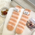 Chaussettes thermiques douces à rayures orange et blanc avec yeux de dessin animé - Taille unique / Orange