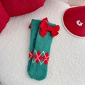 Green coral fleece Christmas socks with red bow and argyle pattern for winter warmth - Bowknot Style / Green