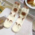 Thick coral fleece socks for winter in cream white with brown polka dots and bear ears - One Size / Milk Yellow