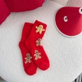 Thick red coral fleece Christmas socks featuring 3D gingerbread man and embroidery - Gingerbread Man / Red