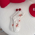 Plush white Christmas socks with reindeer pattern and festive red pom-pom accents - Elk Style / Off White