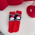 Plush Christmas coral fleece socks featuring 3D Santa Claus applique in red and blue - Santa Claus / Navy Blue and Red