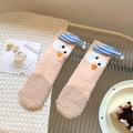 Pink coral fleece socks featuring a cute owl with a 3D sleeping cap, soft winter style - One Size / Orange