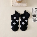 Black cotton low cut socks with white polka dots and eye embroidery on the heel ears - Black Polka Dot