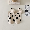 Beige cotton low-cut socks with black polka dots and cute eye embroidery on heel - Beige Dot