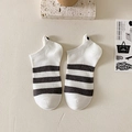White low-cut cotton socks with black stripes and cartoon eye embroidery detail - White Striped