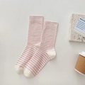 Pink and beige striped cotton crew socks for women shown in a flat lay display - One Size / Pink Stripe