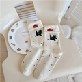 Cream cotton mid-calf socks with cute cat and apple embroidery and black polka dots - One Size / Off-white Pair (Cat & Apple Pattern)