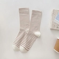 Beige cotton crew socks with brown stripes on a minimalist lifestyle background - One Size / Brown Stripes