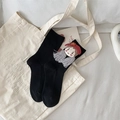 Cute black cotton crew socks with a cartoon doll patch and a ribbed texture for women - Black Girl