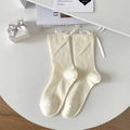 Off-white cotton rib knit crew socks featuring elegant silk bow details for women - White with Bowknot