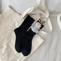 Japanese style black cotton socks with cute plush rabbit and lace bow decoration - Black Rabbit