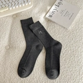 Dark grey cotton mid-calf socks with elegant silver bow embroidery and ribbed texture - One Size / Dark Gray