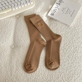 Brown ribbed cotton mid-calf socks with gold bow embroidery decoration - One Size / Brown
