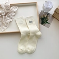 Japanese style cream white cotton socks with black bow embroidery and ribbed texture - One Size / White