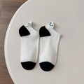 White cotton low-cut socks with cute panda embroidery and black contrast heel details - One Size / Black and White