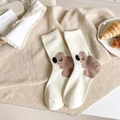 Cute white cotton socks featuring a fuzzy brown koala jacquard pattern and ribbed cuffs - White (Koala)
