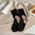 Cozy black cotton crew socks with pink teddy bear design and ribbed cuffs for autumn - Black (Bear)