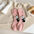 Pink cotton mid-calf socks featuring a cute panda jacquard pattern for women - Pink (Panda)