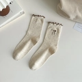 Beige flecked knit crew socks with ruffled edges and brown bow embroidery detail - Coffee Bow