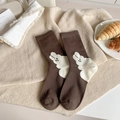 Dark brown crew socks with plush rabbit design and ribbed cuffs for autumn winter - Dark Coffee (Rabbit)