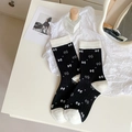 Women's black cotton socks with white bow jacquard and contrasting heel and toe - One Size / Black Bow