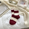 Burgundy and cream striped crew socks with embroidery detail for a trendy autumn look - One Size / Red and White Wide Stripes