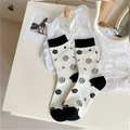 Women's crew socks in beige with black rose floral pattern and rib-knit cotton texture - One Size / White Camellia