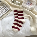 Cream and dark red striped crew socks in a vintage rib-knit style for women - One Size / Red White Medium Stripes