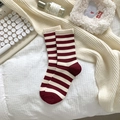 Classic red and white striped crew socks with knitted texture in a cozy home setting - One Size / Red & White Thin Stripes