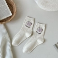Off-white crew socks with colorful dots and a cute purple 3D teddy bear patch - Little Monster