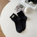 Classic black women's cotton socks with ruffled edges and side fabric label tag - One Size / Black