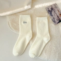 Thick cream-colored plush thermal socks with cute grey bunny embroidery detail - Rabbit